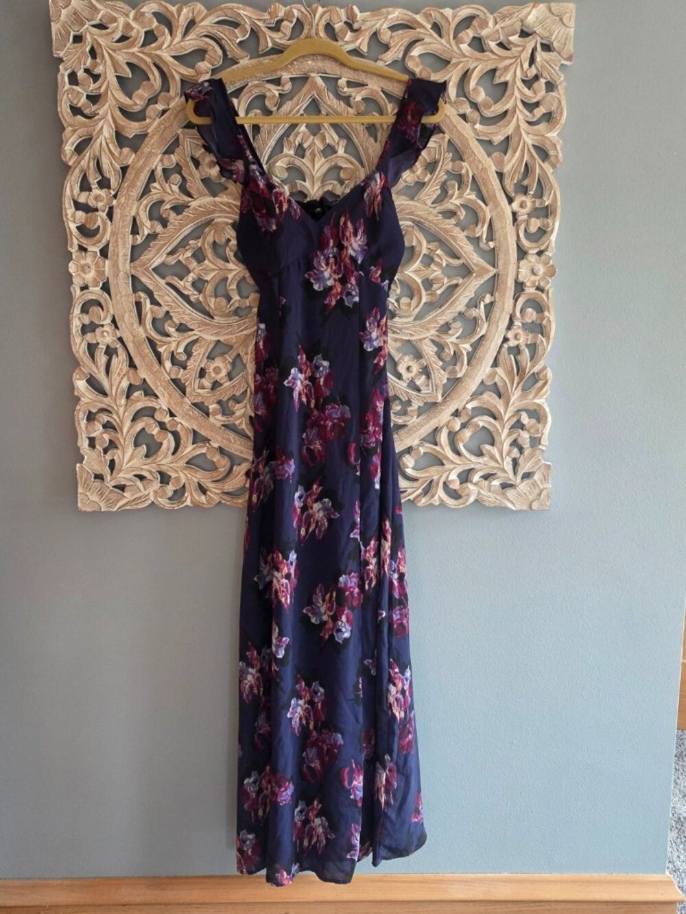 Japna Navy Floral Maxi Dress Ruffle Strap Back Tie Cutout Sexy Summer Size XS